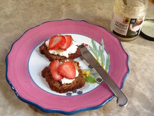 Morning Glory Tea Cake with Strawberries, Coconut Honey and Cream Cheese