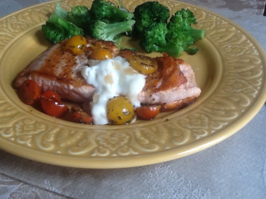 Salmon with Preserved Lemon Aioli and Sauteed Basil Pesto Cherry Tomatoes