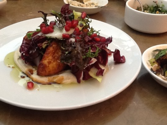 Cripsy Haloumi with Caramelized Celery Root, Pomegranate and Winter Greens