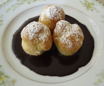 Plated Profiteroles with Dark Chocolate Sauce Cropped and Resized-GPerez