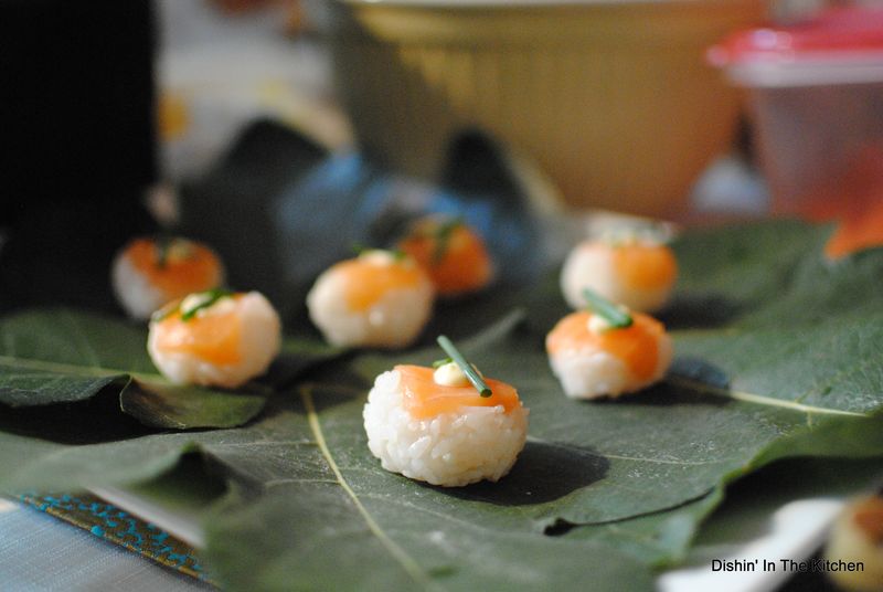 LAHelpsLA-Salmon Sushi Balls on Fig Leaves