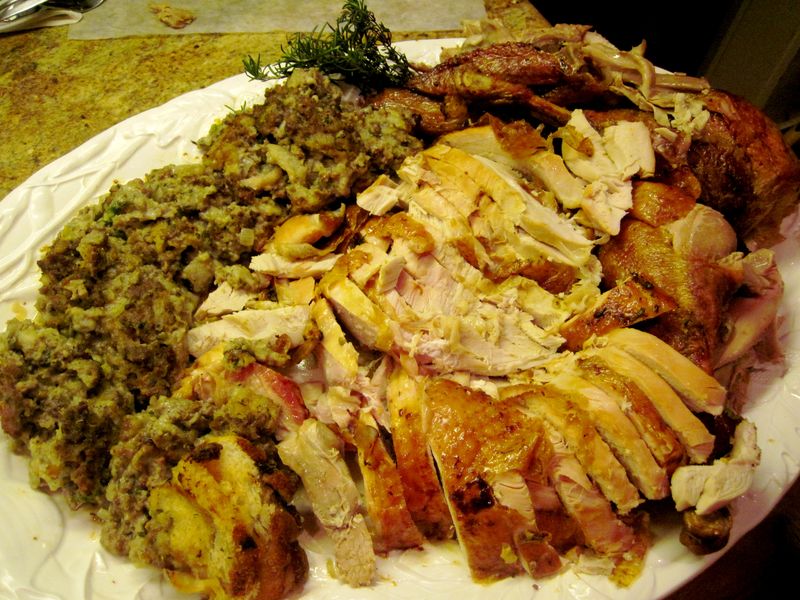 Platter of Roast Turkey with Ground Beef and Oyster Dressing
