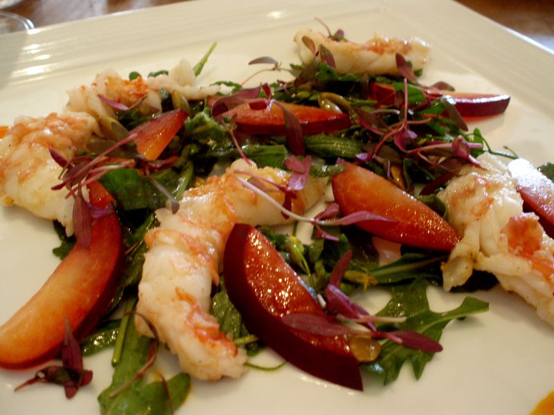 Santa Barbara Spot Prawns with Wild Aurgula and Plums