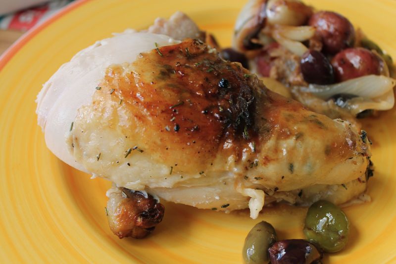 Roast chicken Breast with Olives, Garlic, Lemon and Pee Wee Potatoes 