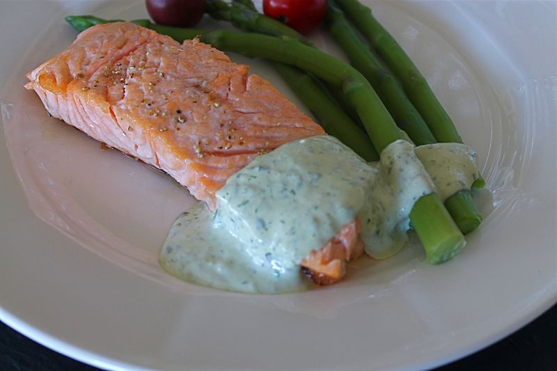 Salmon and Asparagus with Green Goddess Dressing