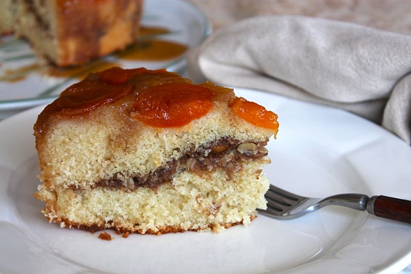 Slice of Apricot Upside Down Streusel Cake