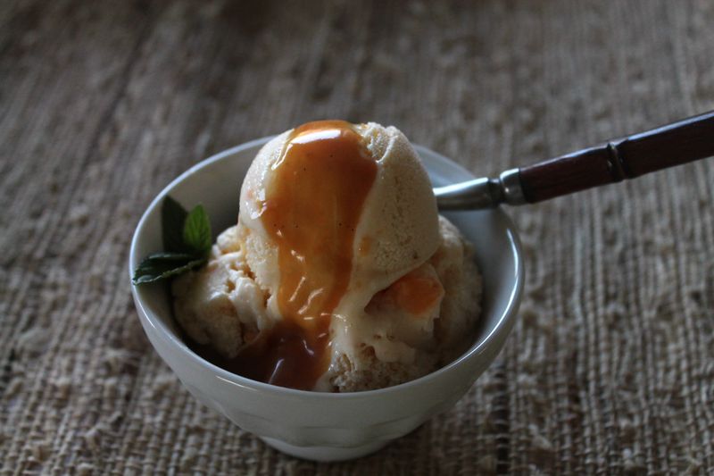 Peach Ice Cream with Caramel Sauce