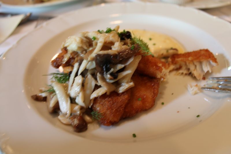 Drum with Crabmeat, Mushroom and Brown Butter Hollandaise